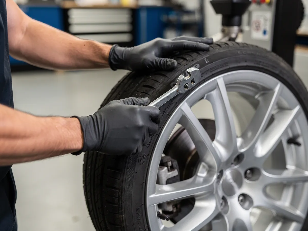 A technician’s hands mounting a tire on a rim