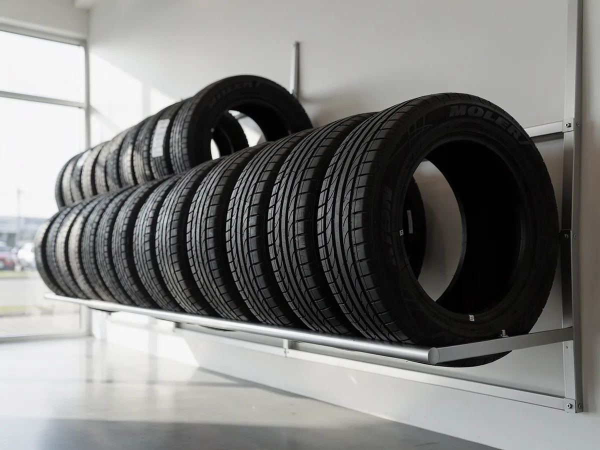 New tires on a wall rack in the shop