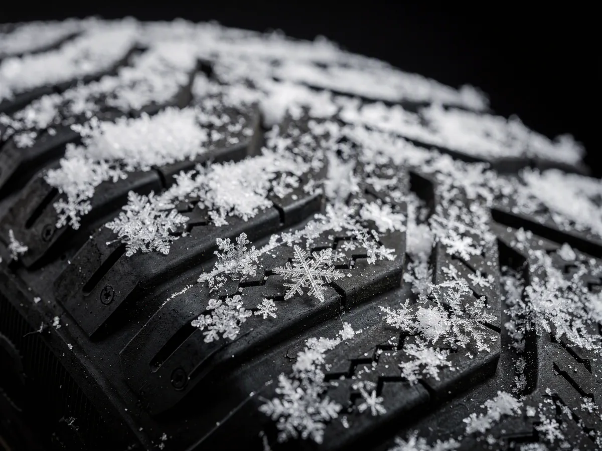 Close-up of a winter tire tread with snow