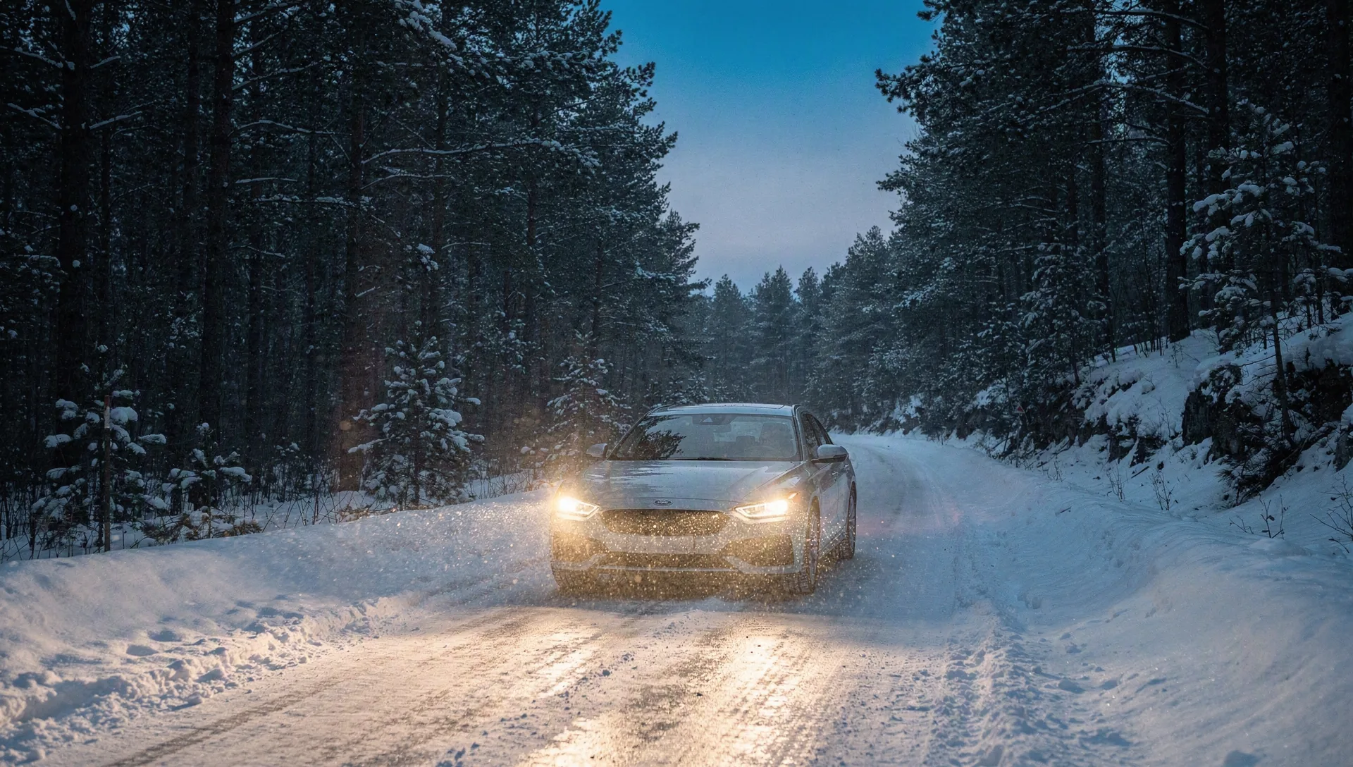 A car with headlights on driving along a snowy forest road