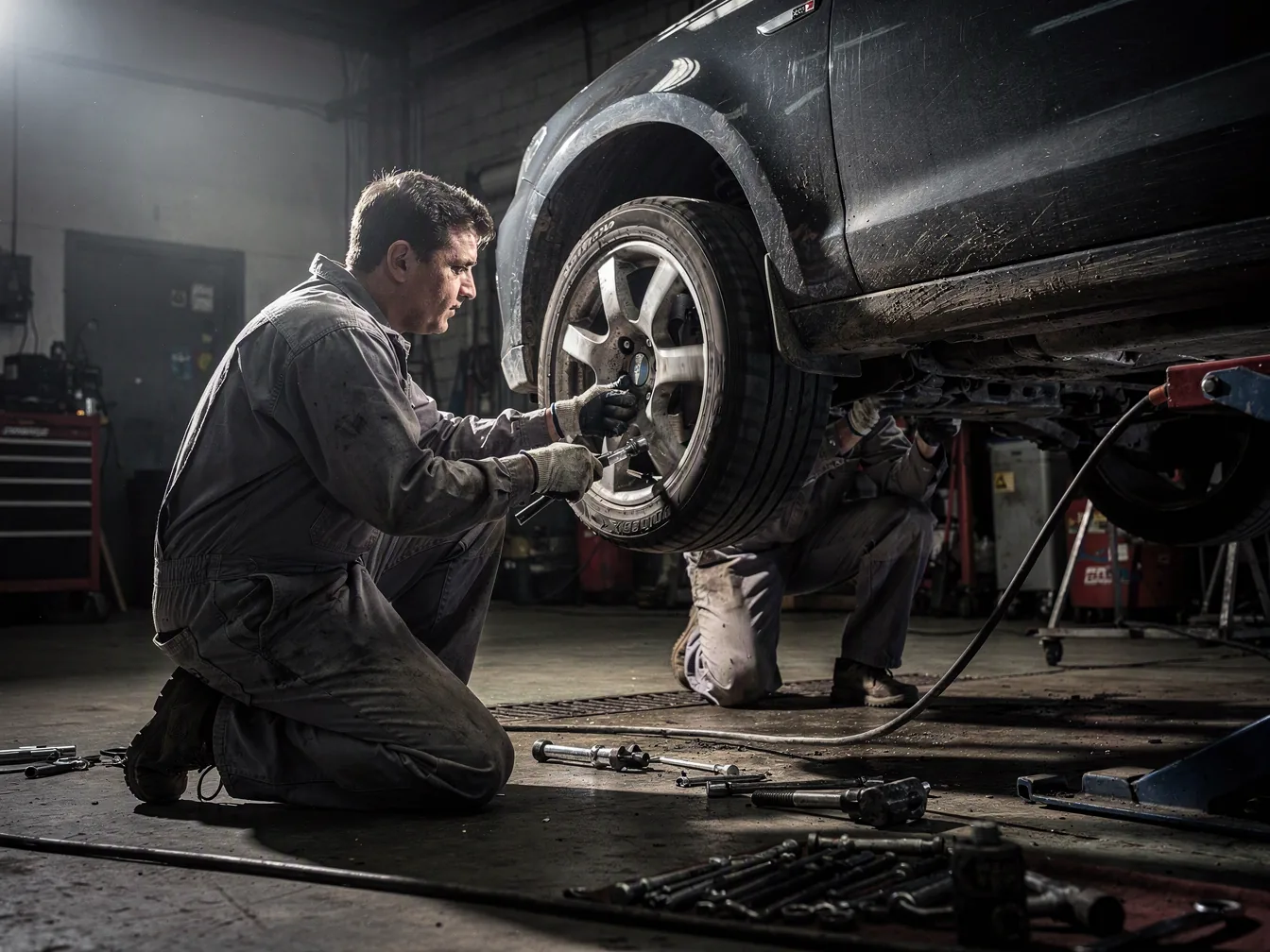 Two mechanics changing a wheel fast