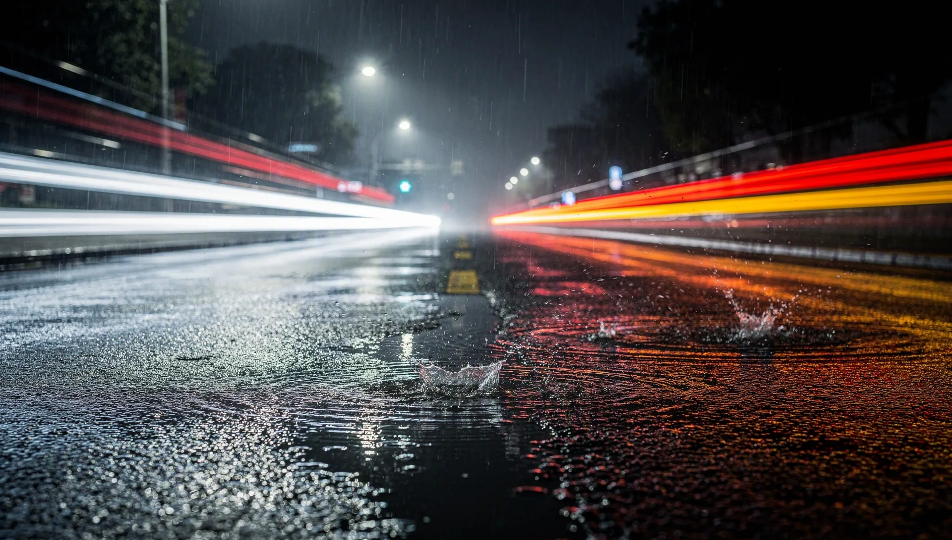 A wet road at night with light trails from cars