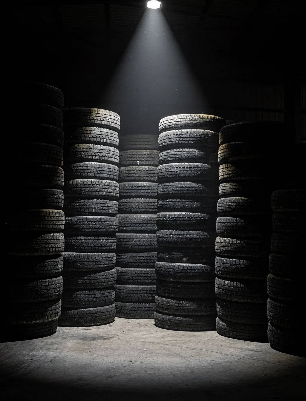 Stacks of tires in a dark warehouse