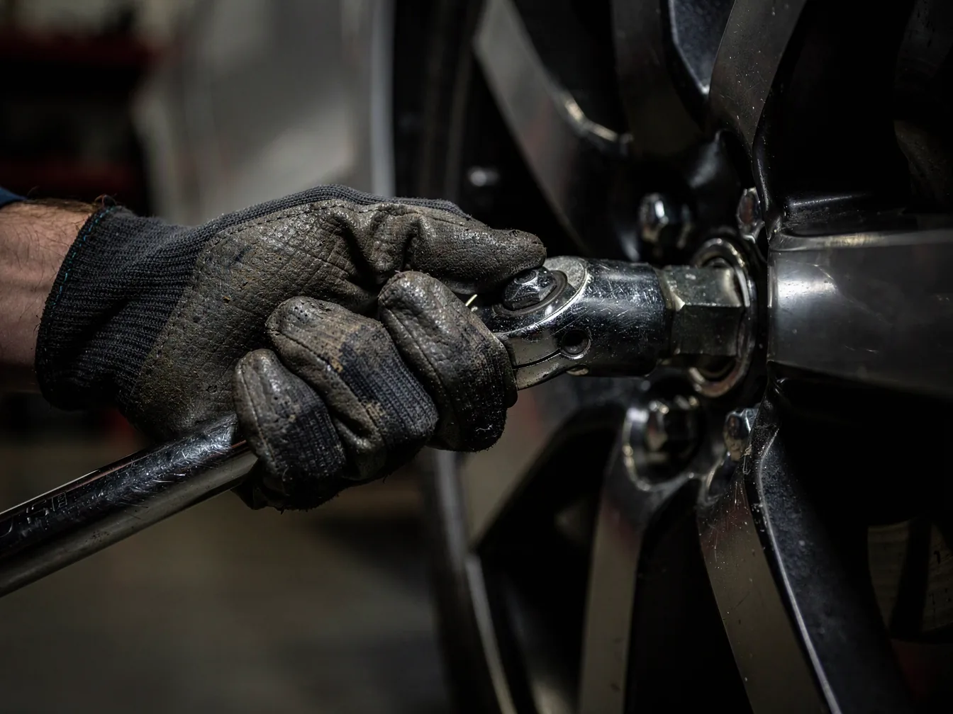 A hand with a torque wrench on the wheel bolts